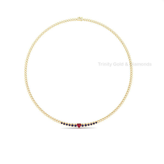 Red Heart Moissanite Tennis Necklace • Bezel Set Necklace • Handmade Diamond Jewelry • Mothers Day Gift for Her • Sapphire Gemstone Necklace