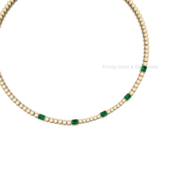Emerald Cut Moissanite Tennis Necklace • Bezel Set Necklace • Handmade Diamond Jewelry • Mothers Day Gift for Her • Green Gemstone Necklace