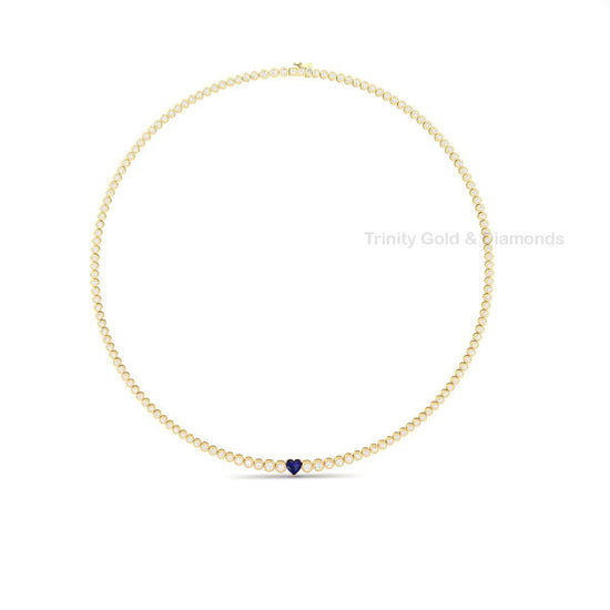 Sapphire Heart Tennis Necklace • Bezel Set Necklace • Handmade Diamond Jewelry • Mothers Day Gift for Her • Sapphire Gemstone Necklace