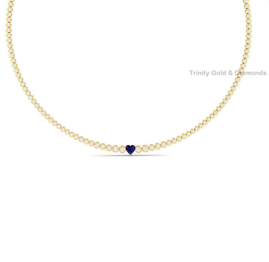 Sapphire Heart Tennis Necklace • Bezel Set Necklace • Handmade Diamond Jewelry • Mothers Day Gift for Her • Sapphire Gemstone Necklace