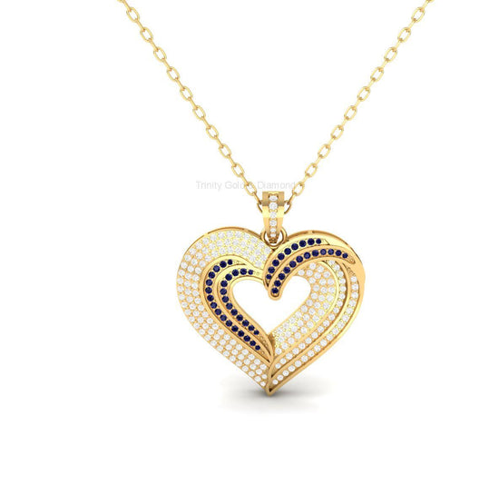 Gold Heart Pendant Necklace, Double Heart Blue & White Moissanite Necklace, 14K Gold Plated Jewelry, Gift for Her, Mothers’s Day Necklace