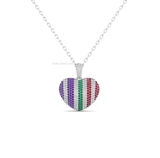 Rainbow Striped Heart Pendant Necklace, Multicolor Gemstone Jewelry in Sterling Silver, Gift for Her, Pride, Mother&