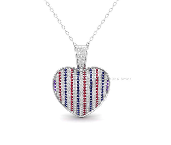 Gemstone Heart Pendant Necklace, Red White Blue Pave CZ Patriotic Necklace