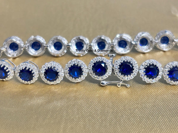 Sapphire Halo Diamond Tennis Bracelet For Women • White Moissanite and Blue Sapphire Gemstone Diamond Tennis Bracelet for Her • Perfect Gift