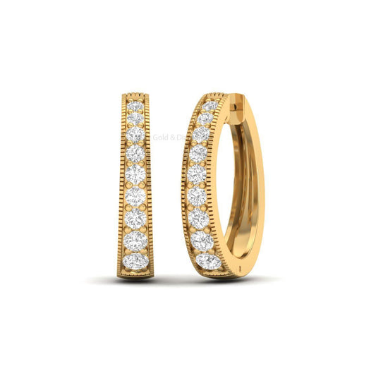 Milgrain Gold Hoop Earrings for Women, Vintage Style Moissanite Huggie Hoops, Handmade Gift Jewelry, Classic Statement Earrings