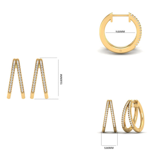 V Shape Gold Hoop Earrings for Women, Double Row Moissanite Huggie Hoops, Handmade Modern Jewelry Gift, Geometric Sparkle Earrings