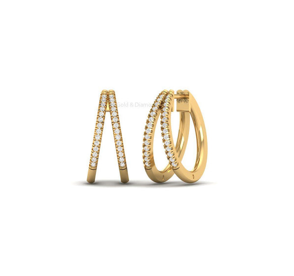 V Shape Gold Hoop Earrings for Women, Double Row Moissanite Huggie Hoops, Handmade Modern Jewelry Gift, Geometric Sparkle Earrings