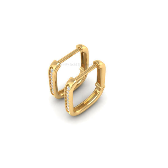 Rectangular Huggie Hoop Earrings for Women, Gold CZ Pave Hinged Hoops, Handmade Modern Everyday Gift Jewelry