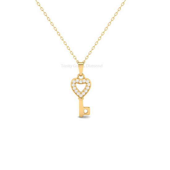 Heart Key Pendant for Women, Gold MoissaniteSparkle Charm Necklace, Handmade Symbolic Jewelry Gift, Love Lock Pendant