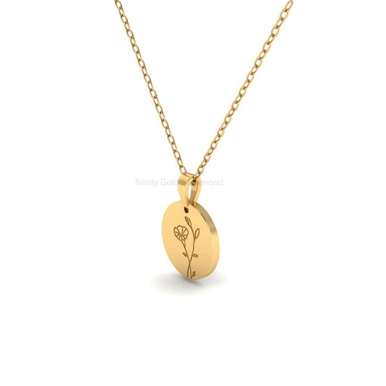 Round Floral Engraved Pendant, Dainty Flower Charm Necklace Gift for Her, Minimal Handmade Jewelry, Everyday Gold Pendant