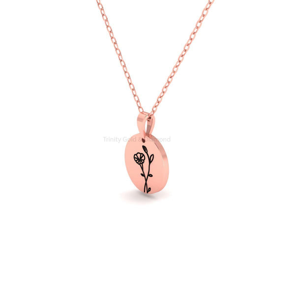 Round Floral Engraved Pendant, Dainty Flower Charm Necklace Gift for Her, Minimal Handmade Jewelry, Everyday Gold Pendant