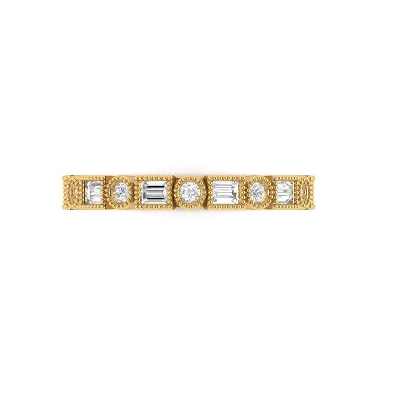 Art Deco Moissanite Band Ring in 14KT Gold Over Sterling Silver | Baguette & Round Cut Eternity Stackable Ring for Women