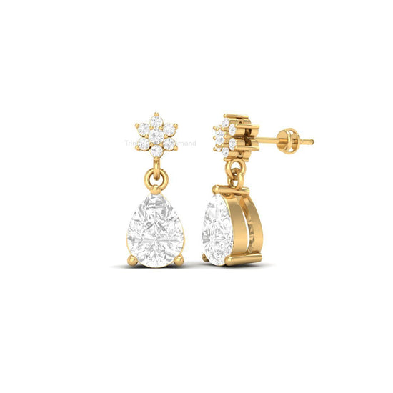 Pear Earrings, Pear Shape Dangle Earrings, Diamond Dangling Earrings, Diamond Drop Earrings, Flower Shape Dangles, Handmade Jewelry Gift