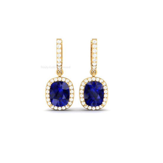 Blue Sapphire Dangle Drop Earring, Cushion Earrings, Bridal Sapphire Drop Earrings, Emerald-Amethyst-Ruby Earrings, Wedding Earrings Gift