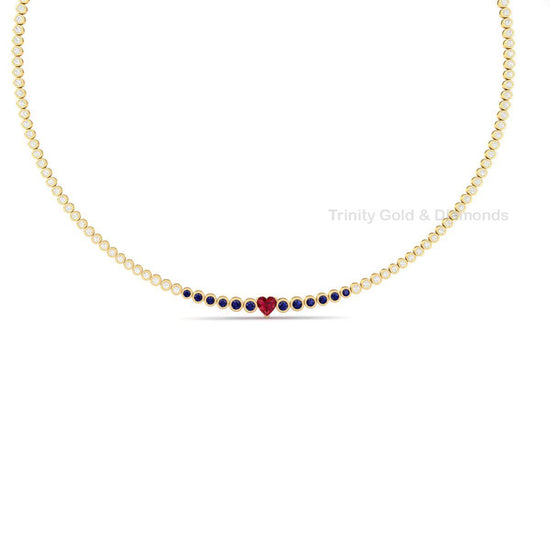 Red Heart Moissanite Tennis Necklace • Bezel Set Necklace • Handmade Diamond Jewelry • Mothers Day Gift for Her • Sapphire Gemstone Necklace