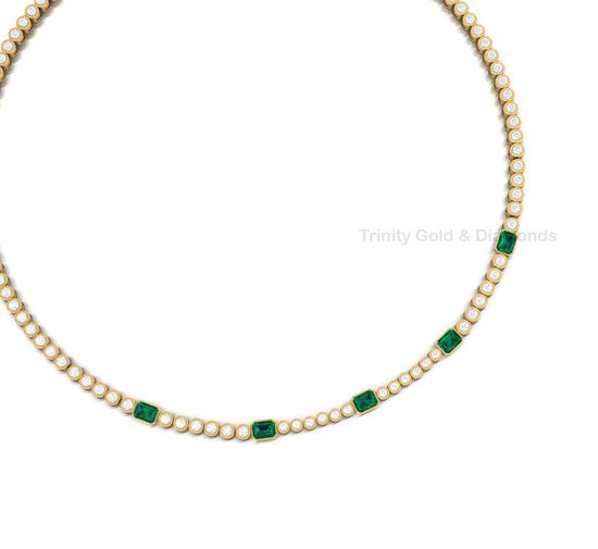 Emerald Cut Moissanite Tennis Necklace • Bezel Set Necklace • Handmade Diamond Jewelry • Mothers Day Gift for Her • Green Gemstone Necklace