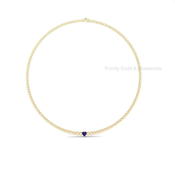 Sapphire Heart Tennis Necklace • Bezel Set Necklace • Handmade Diamond Jewelry • Mothers Day Gift for Her • Sapphire Gemstone Necklace