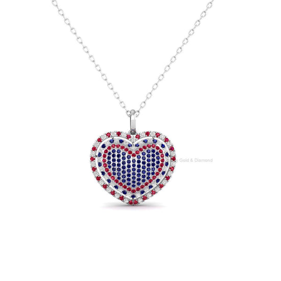 Heart Pendant Necklace For Women • White Moissanite & Created Gemstone Pave Heart Pendant Perfect Gift • Ruby And Sapphire Heart Pendant