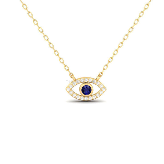 Evil Eye Necklace with Blue Sapphire, 18K Gold Over Sterling Silver, Diamond Accent Protection Pendant, Handmade Gift for Her, All Gemstones