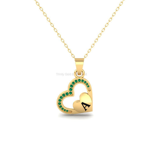 Personalized Initial Heart Pendant Necklace, Green Accent Letter Charm Gift, Handmade Gold Jewelry for Her, Custom Name Necklace
