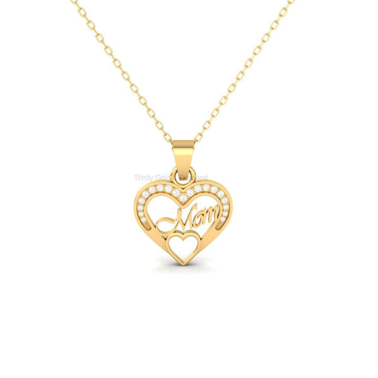 Mom Heart Pendant Necklace with Moissanite, Handmade Gold Jewelry Gift for Mother, Dainty Mom Charm for Birthday or Mother&