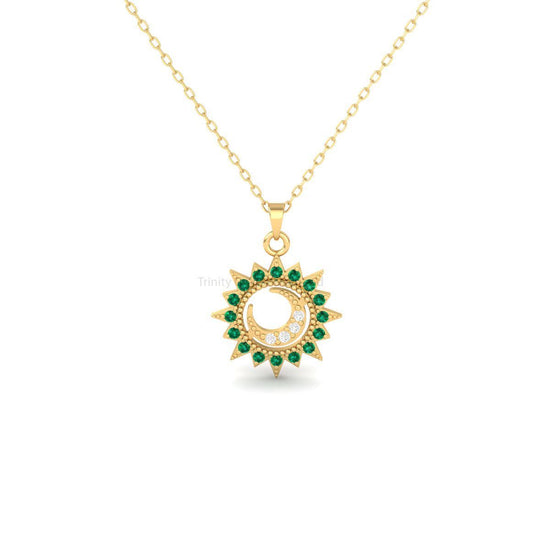 Emerald Pendant, Circle Pendant Necklace, Sun Moon Emerald & Diamond Pendant, Handmade Jewelry, Minimalist Emerald Pendant, Delicate Gift