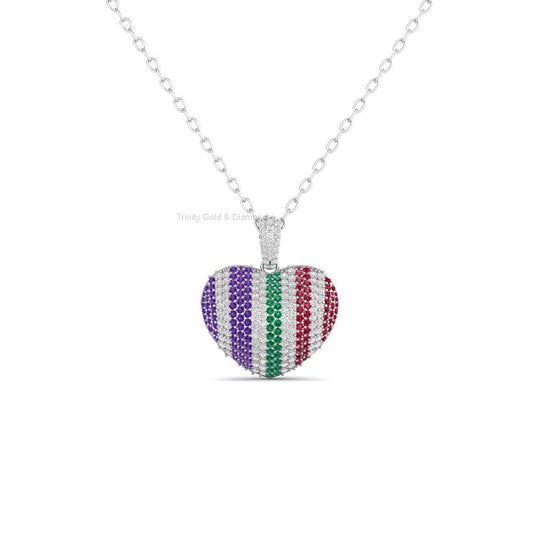 Rainbow Striped Heart Pendant Necklace, Multicolor Gemstone Jewelry in Sterling Silver, Gift for Her, Pride, Mother&