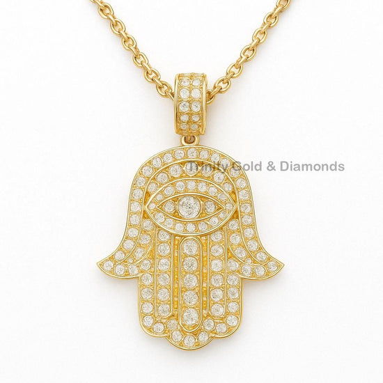 Hamsa Hand Pendant Necklace with Diamonds, Gold Evil Eye Jewelry, Handmade Protection Amulet, Dainty Gold Charm, Gift for Her