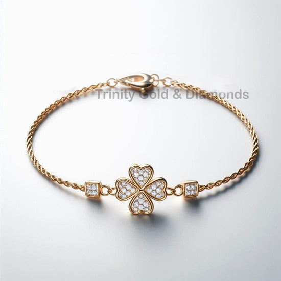 Four Leaf Clover Bracelet for Women, Twisted Rope Chain Lucky Charm Bracelet, Heart Petal Gold Bracelet with Pavé Diamonds, Gift Jewelry