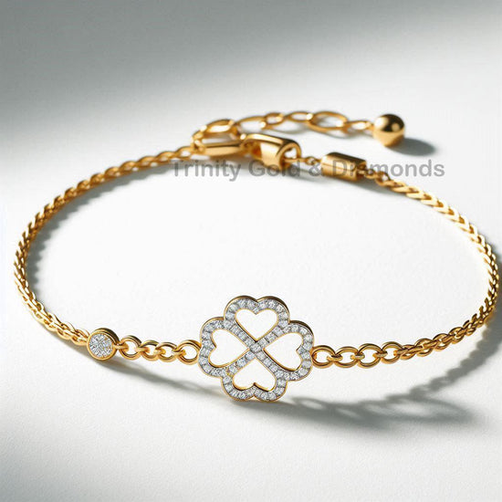 Open Clover Heart Bracelet for Women, Four Leaf Clover Gold Bracelet, Pavé Outline Charm Bracelet, Dainty Adjustable Gift Jewelry