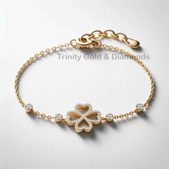 Open Heart Clover Bracelet, Gold Four Leaf Clover Charm Bracelet, Pavé Outline Lucky Bracelet, Dainty Adjustable Gift for Women