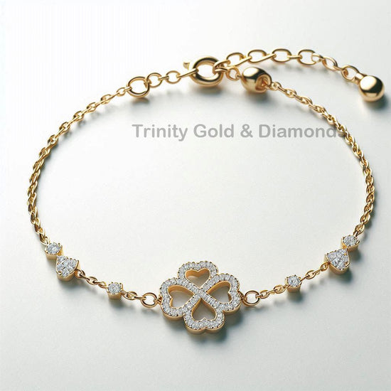 Gold Four Leaf Clover Bracelet for Women, Open Heart Pavé Diamond Charm Bracelet, Adjustable Dainty Lucky Bracelet, Gift Jewelry