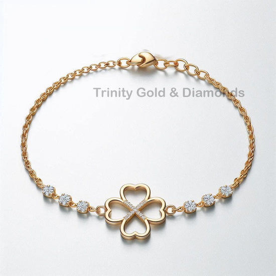 Open Heart Four Leaf Clover Bracelet, Gold Lucky Charm Bracelet with Round Diamond Accents, Adjustable Dainty Jewelry Gift for Her