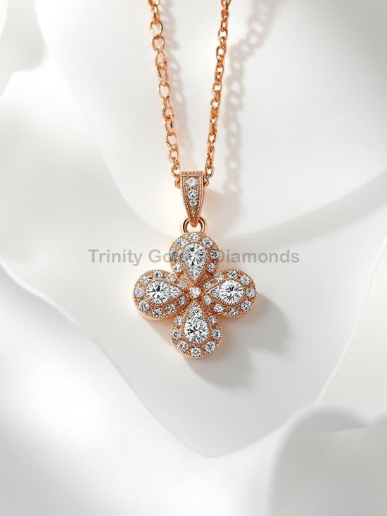 Clover Diamond Pendant Necklace for Women, Rose Gold Teardrop & Round Diamond Cluster Pendant, Elegant Floral Jewelry Gift