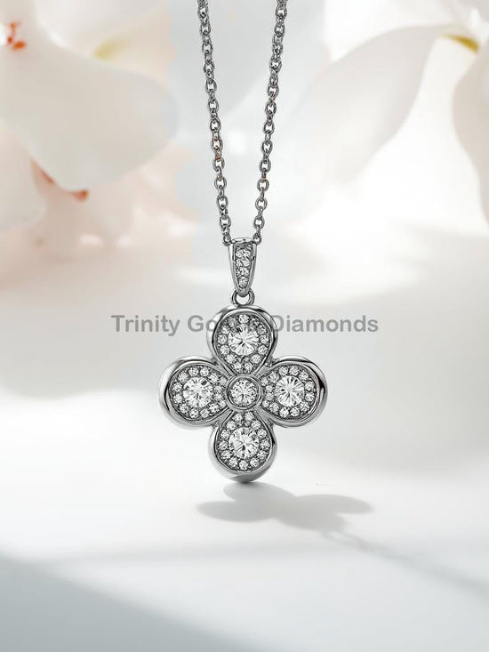 Clover Diamond Pendant Necklace in White Gold, Teardrop Cluster Floral Pendant, Dainty Four Petal Lucky Charm, Elegant Gift for Her