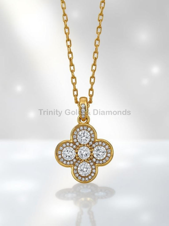 Clover Diamond Pendant Necklace in Yellow Gold, Cluster Round Diamond Floral Pendant, Elegant Lucky Charm Necklace Gift for Her