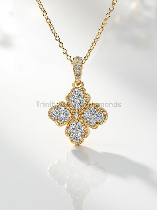 Clover Pavé Diamond Pendant Necklace in Yellow Gold, Teardrop Floral Petal Pendant, Four Leaf Good Luck Charm, Gift for Her