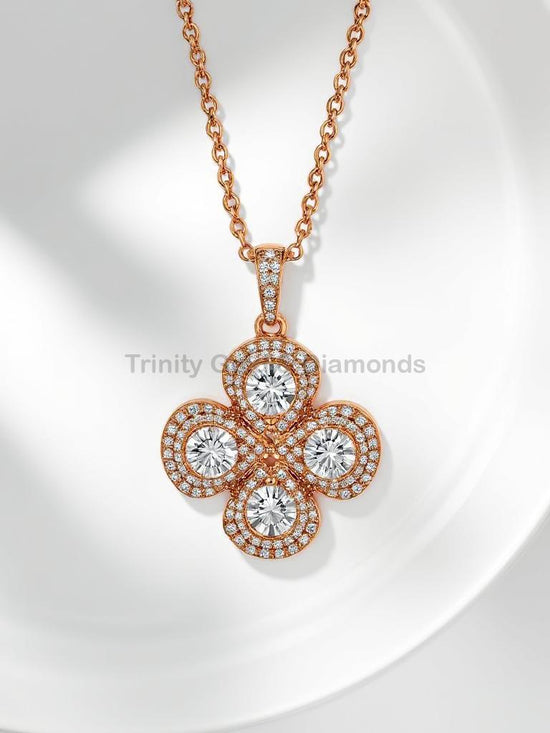 Clover Diamond Pendant Necklace in Yellow Gold, Double Halo Round Diamond Four Petal Pendant, Luxury Floral Charm Jewelry for Her