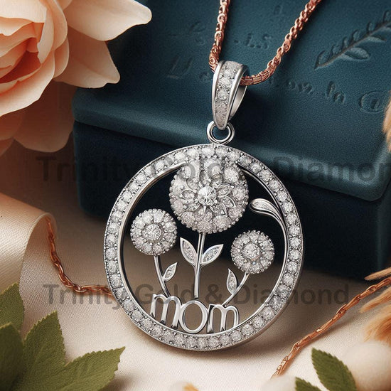 Floral Diamond Mom Pendant Necklace, 925 Sterling Silver Circle Jewelry for Mother, Handmade Gift for Mom, Mother’s Day Necklace