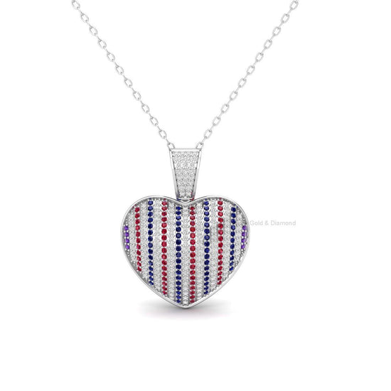 Gemstone Heart Pendant Necklace, Red White Blue Pave CZ Patriotic Necklace