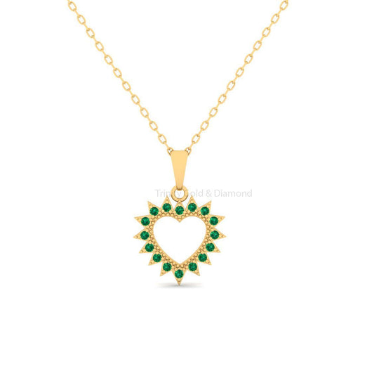 Emerald Heart Sunburst Necklace, 14K Gold Plated Green Gemstone Pendant, Boho Jewelry Gift for Her, Handmade Dainty Heart Necklace