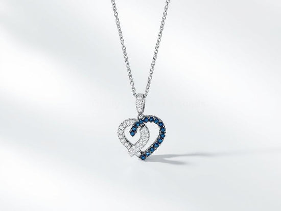Sterling Silver Interlocking Hearts Necklace with Blue and White Moissanite , Intertwined Hearts , Modern Silver Love Knot Necklace