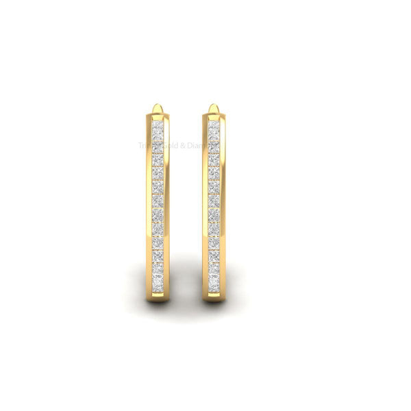 Teardrop Gold Hoop Earrings for Women, Square CZ Channel Set Earrings, Handmade Statement Gift Jewelry for Everyday or Party