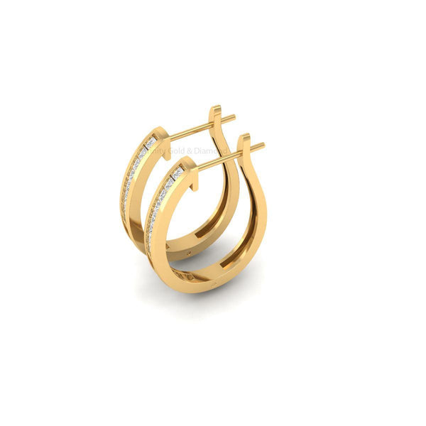 Teardrop Gold Hoop Earrings for Women, Square CZ Channel Set Earrings, Handmade Statement Gift Jewelry for Everyday or Party