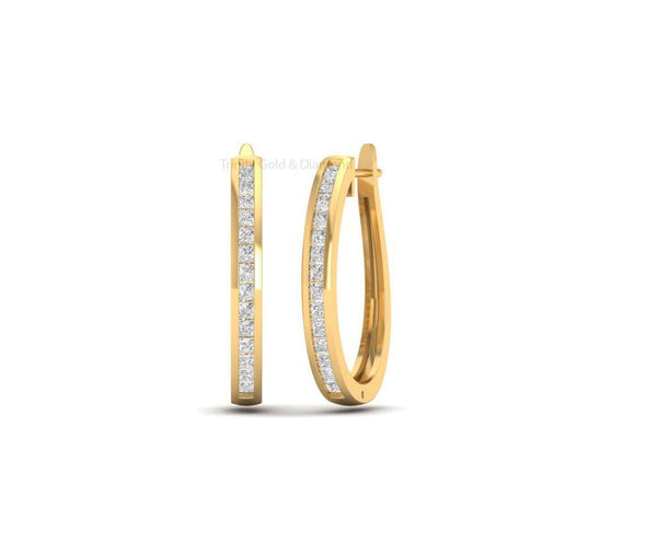 Teardrop Gold Hoop Earrings for Women, Square CZ Channel Set Earrings, Handmade Statement Gift Jewelry for Everyday or Party