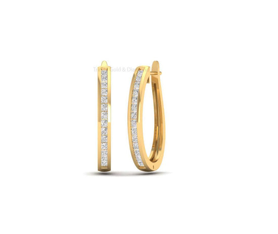 Teardrop Gold Hoop Earrings for Women, Square CZ Channel Set Earrings, Handmade Statement Gift Jewelry for Everyday or Party