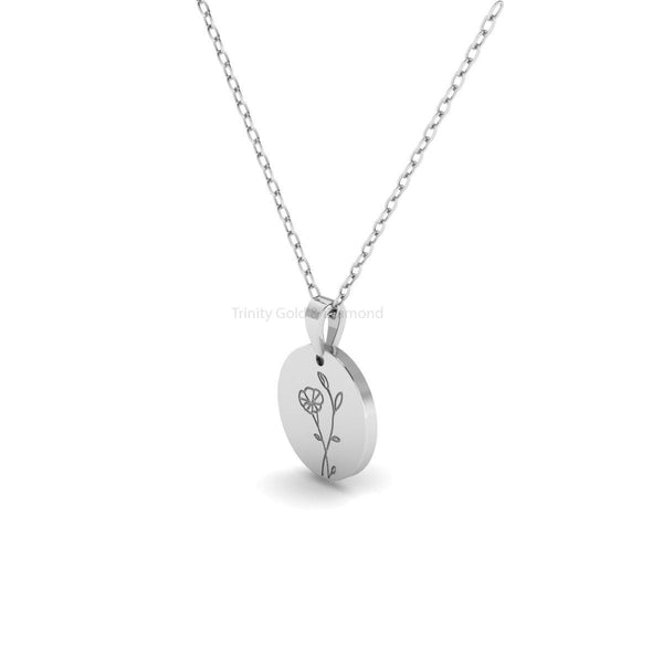 Round Floral Engraved Pendant, Dainty Flower Charm Necklace Gift for Her, Minimal Handmade Jewelry, Everyday Gold Pendant
