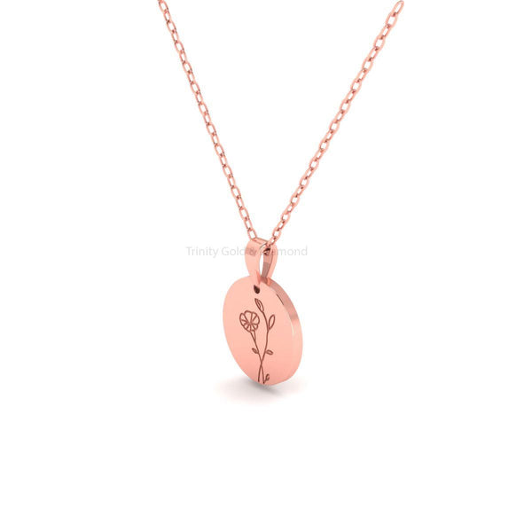 Round Floral Engraved Pendant, Dainty Flower Charm Necklace Gift for Her, Minimal Handmade Jewelry, Everyday Gold Pendant