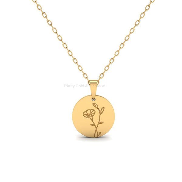 Round Floral Engraved Pendant, Dainty Flower Charm Necklace Gift for Her, Minimal Handmade Jewelry, Everyday Gold Pendant