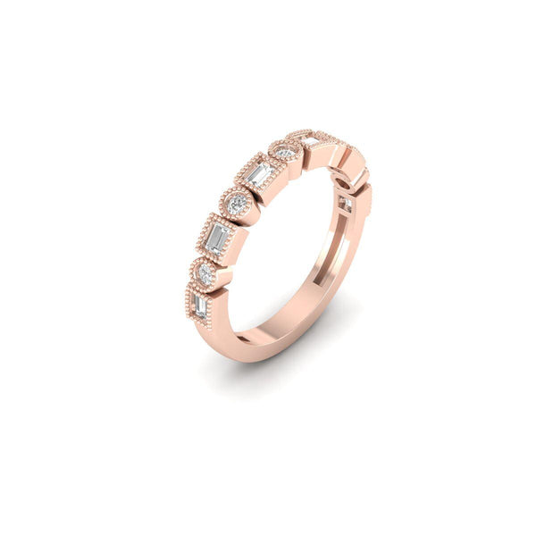 Art Deco Moissanite Band Ring in 14KT Gold Over Sterling Silver | Baguette & Round Cut Eternity Stackable Ring for Women